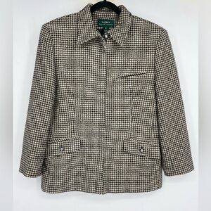 Vintage 90s Ralph Lauren Plus Size 16 Silk Wool Houndstooth Jacket Zip Brown